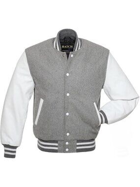 Men’s Grey  White Genuine Leather Sleeve Varsity Letterman Jacket
